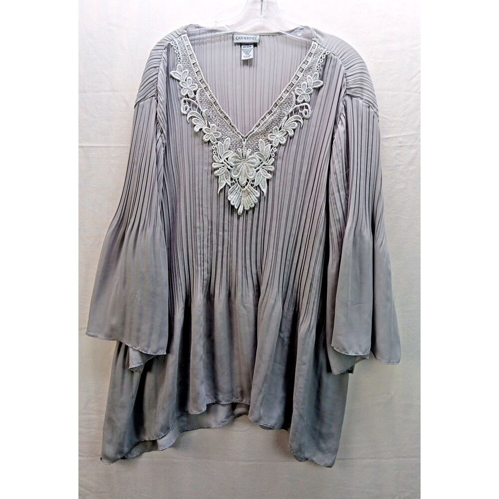 Catherines Embellished Crossover Hem Tunic Size 4X Gray Stretch Long Sleeve